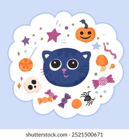 Cute cat and happy Halloween elements card. 