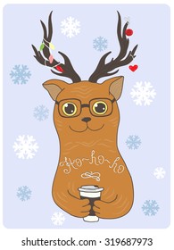 Cute cat Happy Holidays hand-drawn design, Merry Christmas. 