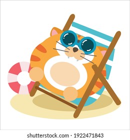 Cute cat happy time at the beach character vector template design illustration
