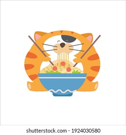 Cute cat happy time eating noodle character vector template design illustration