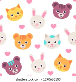 Cute cat, hare, bear faces pattern. Vector. Seamless background with animal heads, isolated on white, flat design. Cartoon illustration for textile, baby shower, invitation template, scrapbook, cards.