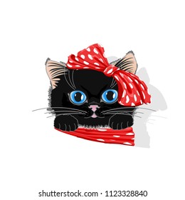 Cute cat in a hat with a bow. Cheerful vector illustration.