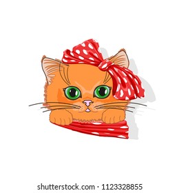 Cute cat in a hat with a bow. Cheerful vector illustration.