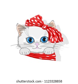 Cute cat in a hat with a bow. Cheerful vector illustration.