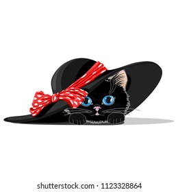 Cute cat in a hat with a bow. Cheerful vector illustration.