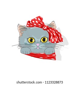 Cute cat in a hat with a bow. Cheerful vector illustration.
