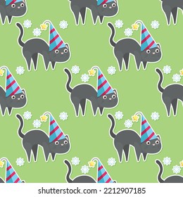 cute cat and hat in Christmas day cartoon sticker seamless pattern