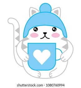 cute cat with hat and cup kawaii character
