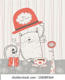 Cute cat in the hat drinking tea, beside him on the table its a gift. Vector design of romantic bakery frame with place for text. Birthday or party invitation card