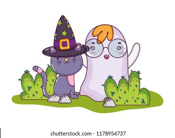 cute cat with hat and ghost wearing glasses