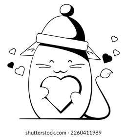 gato lindo en un sombrero con corazón en sus garras, dibujo de contorno, ilustración vectorial