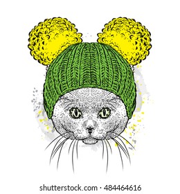 Cute cat in a hat. Illustration for a card or poster. Vector illustration. Cat.