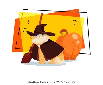 Cute cat in hat and mantle with broom vector illustration. Squash on abstract background. Halloween, pet, magic concept. Can be used for banner, poster or invitation design