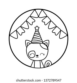 cute cat with hat party in frame circular