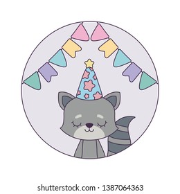 cute cat with hat party in frame circular