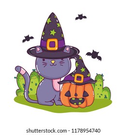 cute cat with hat and pumpkin with bats