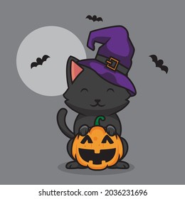 Cute Katze in einem Hut und Kürbiscartoon Illustration Das Konzept der isolierten Technologie. FlachCartoon-Stil geeignet für Landing-Webseiten, Banner, Flyer, Sticker, Karten