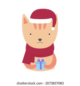 Un gato lindo en un sombrero y una bufanda con regalo. Ilustración vectorial para tarjetas, invitaciones, pegatinas, camisetas