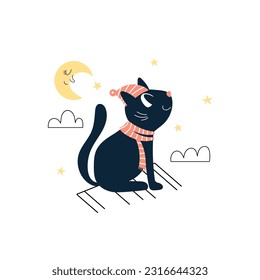 Cute cat with hat and scarf sitting on the roof. Isolated object on a white background. Cartoon illustration in vector.