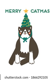 Cute cat with hat shaped as christmas tree and lettering Catmas. Xmas and new year holidays vector illustration for sublimation printing, t shirt, cards, mug design
