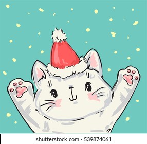 cute cat in the hat with snowflakes vector illustration, catching snowflakes