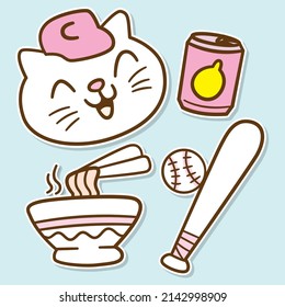 Cute cat with hat and various objects doodle stickers