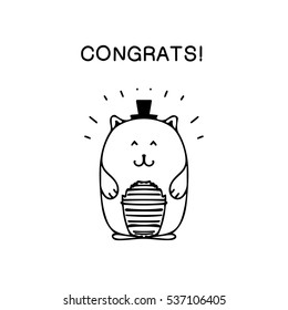 Cute cat in hat. Vector sketch art
