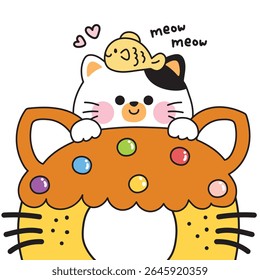 Cute cat have fish on head stay on candy cat shape donut.Meow.Sweet and dessert.Bakery.Pet animal character cartoon design.Kawaii.Vector.Illustration.