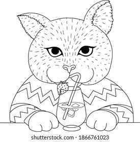 Cute cat having drink at the bar, design for coloring book, coloring page or print on things. Vector illustration