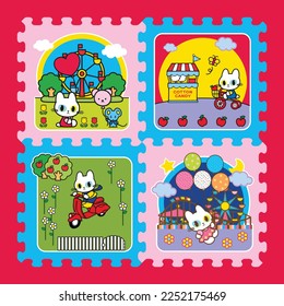 Gato lindo divirtiéndose en la ilustración del parque de diversiones con 4 piezas de diseño de alfombras de rompecabezas