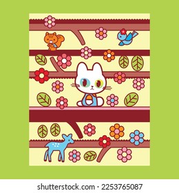 Cute cat having fun in the jungle poster illustration with colorful flower background design