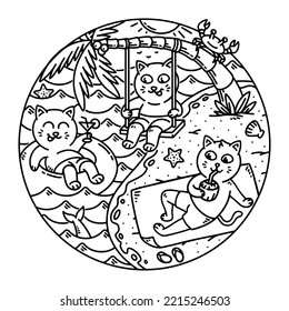 cute cat having fun on the beach line illustration