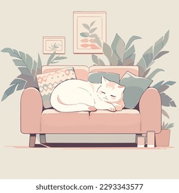 Un gato lindo con una siesta, acurrucada en un moderno sofá suave en un apartamento luminoso, esperando el regreso de un dueño. Ilustración vectorial simple en paleta de color claro calmado