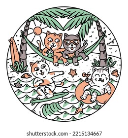 cute cat having a party on the beach illustration
