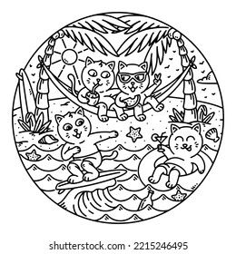 cute cat having a party on the beach line illustration