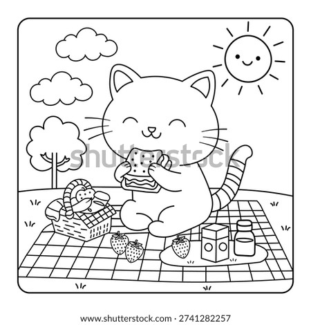 Cute Cat Having Picnic – Kawaii Kids Coloring Page Illustration