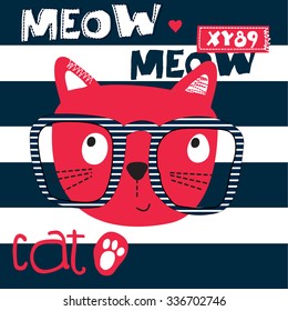 cute cat head cartoon on striped background, T-shirt design vector illustration