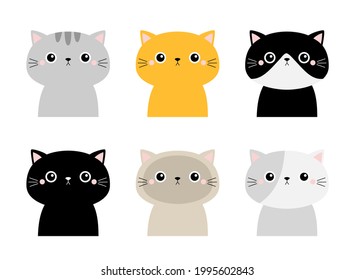 Cute cat head face icon set. Funny kawaii cartoon baby character. Different breeds. Kitten silhouette. Happy Valentines Day. Notebook sticker print template. Flat design. White background. Vector