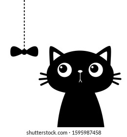 Cute cat head face looking at bow hanging on thread. Black silhouette sticker print. Cartoon funny character. Kawaii animal. Pet baby collection Kids greeting card. Flat design White background Vector