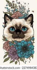 Cute cat head in flowers