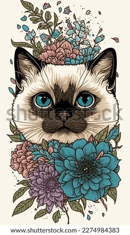 Cute cat head in flowers