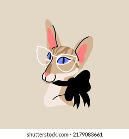 Cute cat head in glasses with black bow. Oriental Shorthair cat breed. Vector pet flat illustration isolated on beige background
