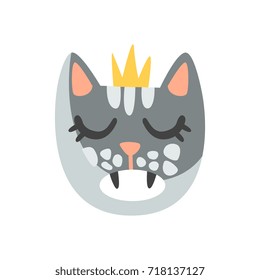 Cute cat head in golden crown, funny cartoon animal character, adorable domestic pet vector illustration