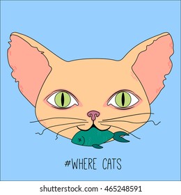 Cute cat head with green eyes and fish on blue background. Vector flat illustration.