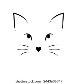cute cat head isolated on white background. Black line drawing graphic illustration design element