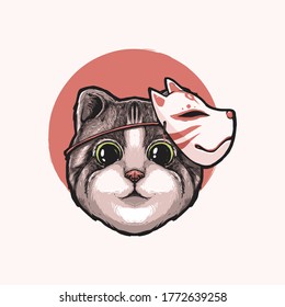 Cute Cat Head With Kitsune Mask