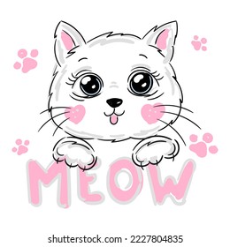 Cute cat head with lettering meow sweet white kitten, pink paws