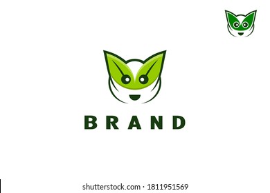 Logotipo de cabeza de gato con diseño de hoja, diseño de logotipo único simple y minimalista.