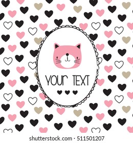 cute cat head on hearts background, love card, bedding pattern for kids, wrapping paper vector illustration