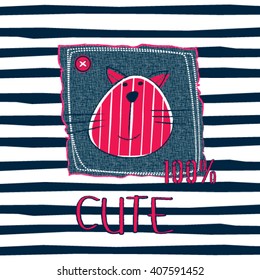 cute cat head on striped background, T-shirt design for kids vector illustration